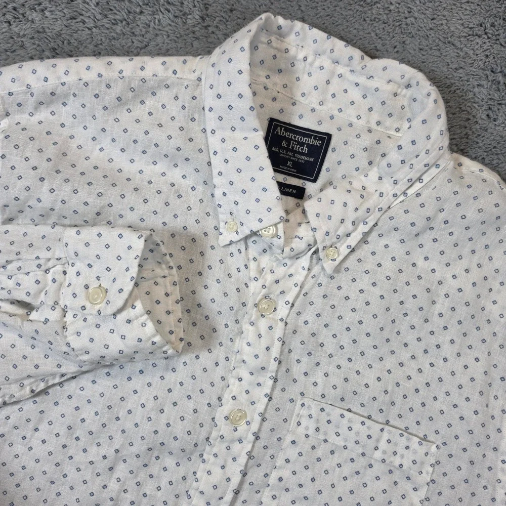 Abercrombie & Fitch Linen Shirt Mens XL White Blue Diamond Print Button Down EUC